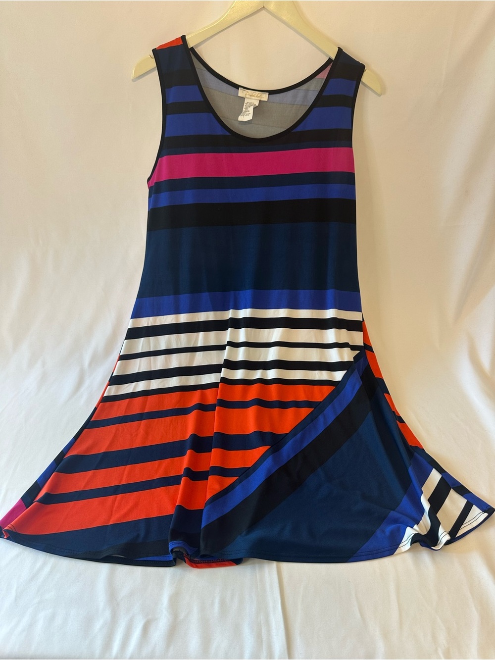 Sleeveless Asymmetrical Striped Swing Dress - Navy, Red & Pink
